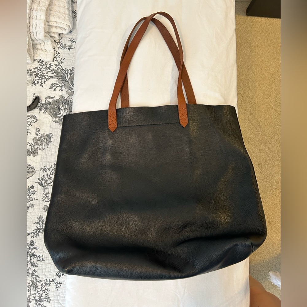 Madewell leather Transportation Tote. Black with tan handles. Gently used.
